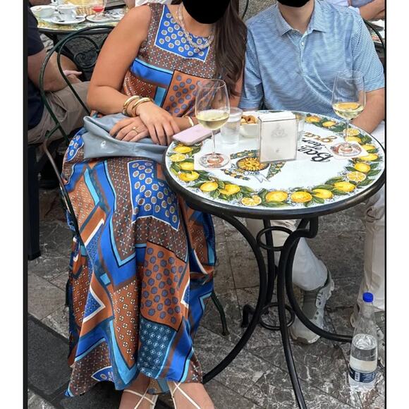 Misa Blue Patchwork Midi Dress MEDIUM Satin Vacation Aline Weekend Designer $410 - Picture 5 of 13